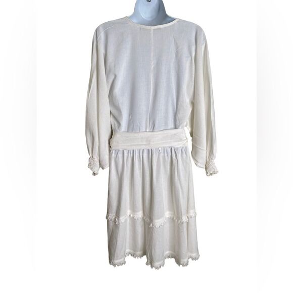 Milla Gauzy SZ Small Semi Sheer Cotton Wrap White Dress Smock Sleeve Frayed Hem - Picture 4 of 8